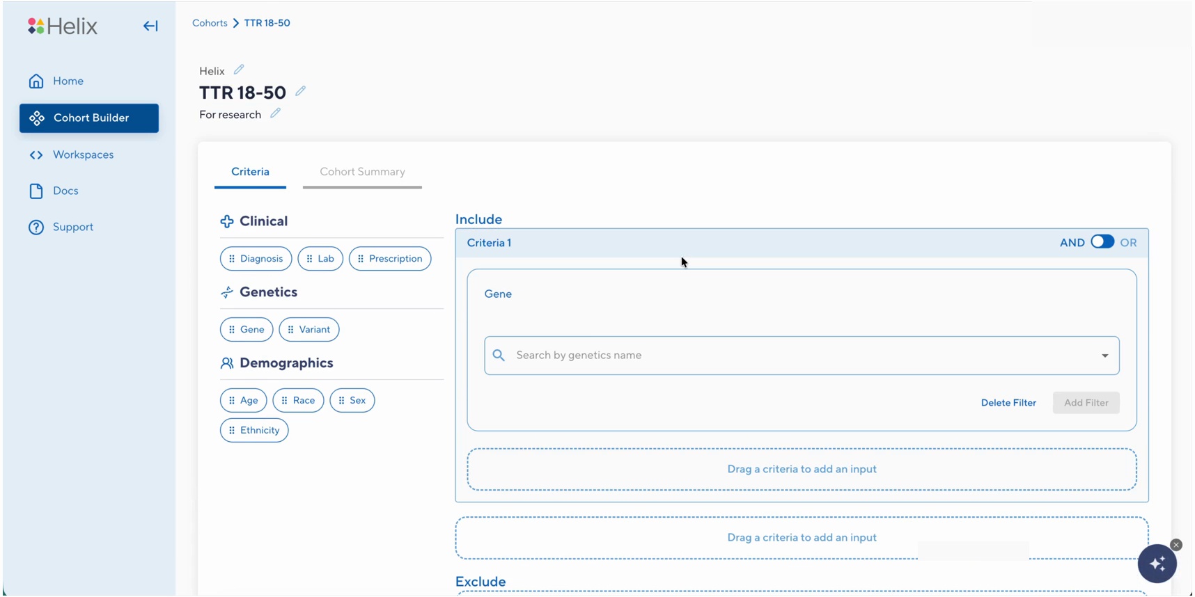 Helix Cohort Builder criteria screen